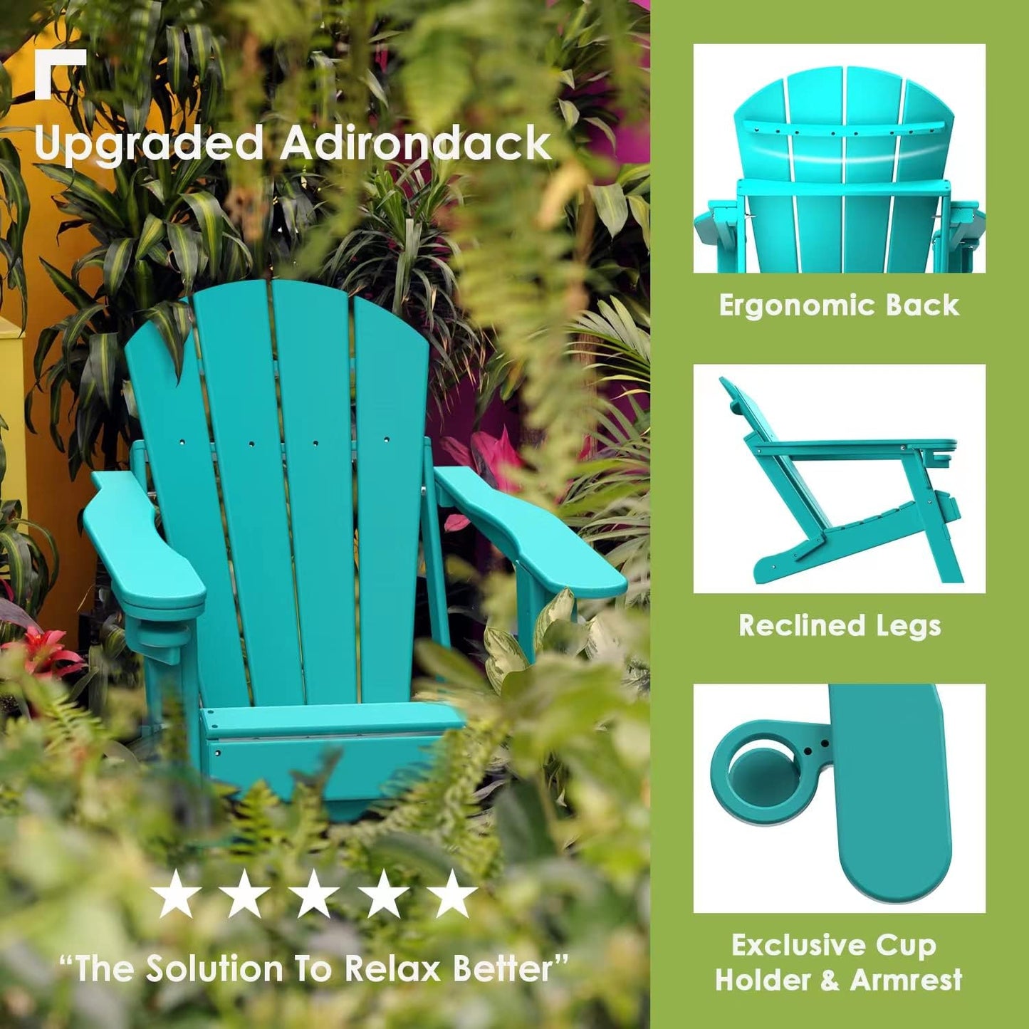 GREENVINES Folding-Adirondack-Chair | HDPE Plastic | Fire Pit Chairs | All Weather | Cup Holder | Aqua | for Deck Backyard Patio Outdoor Garden