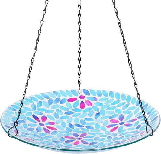 MUMTOP Mosaic Hanging Bird Bath-Bird Baths for Outdoors - 12 Inch Glass Bird Water Bowl Bird Feeders for Outside, Garden, Lawn Yard Decor（Blue）