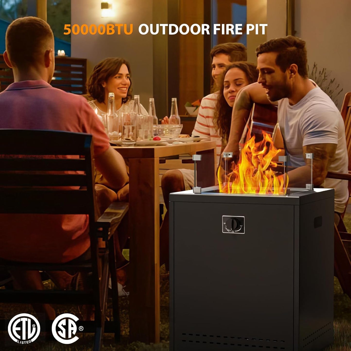 Fire Pit Table Propane Smokeless Fire Pit Outside Heater Patio with Lava Rocks，Glass Wind Guard and Cover,20" Square Fire Pit Table for Balcony Garden Outdoor Camping Deck Backyard,Black