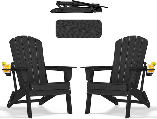 Folding Adirondack Chair - Extended Ergonomic Backrest, Cup Holder - Easy Assembly - Durable HDPE Plastic, Weather Resistant & Maintenance-Free - Lawn, Patio, Deck Supports 380lbs Black