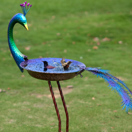 12.8" W*38.2" H Peacock Bird Baths for Outdoor, Metal Bird Feeder Seed Trayr,Bird Bath Drinker Plate, Garden Lawn Yard Decor(Multicolor)