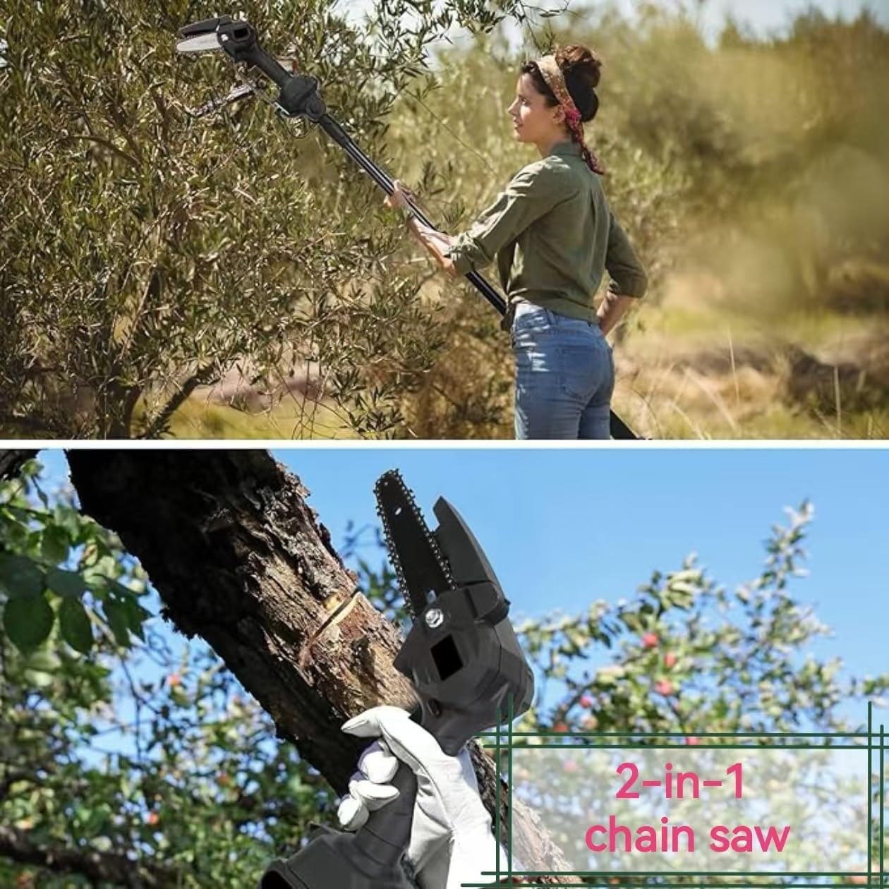 High Branch Chainsaw. 6-inch Brushless Lithium Pole Saw. 2 x 24V Battery and Charger. Three Telescopic rods. Lightweight Garden Pruning Tool. for Tree Pruning.