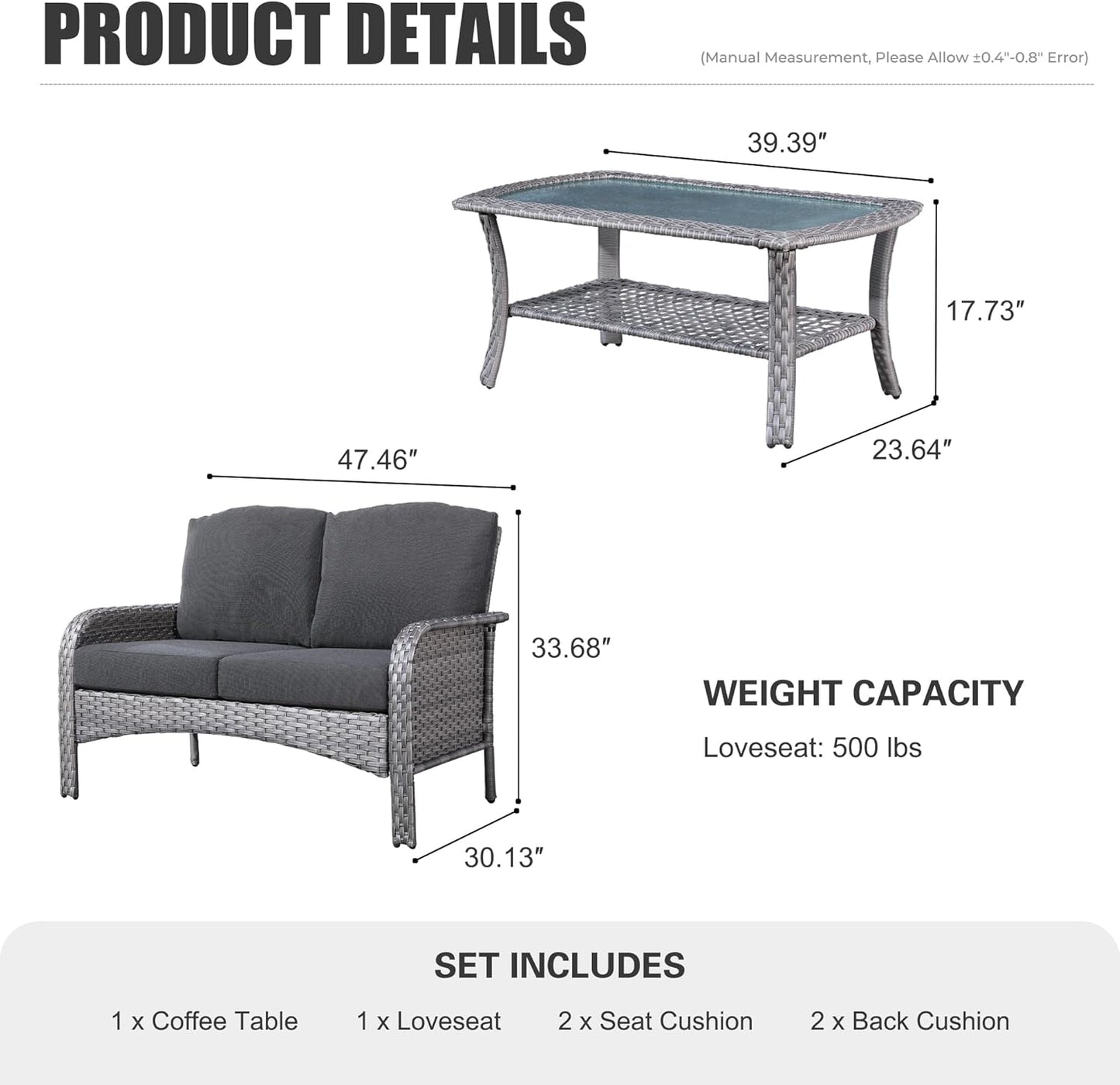 HOOOWOOO Patio Furniture Set,Outdoor High Back Loveseat Set,All Weather Wicker 2-Seater-Sofa Love Seat with Table,Black