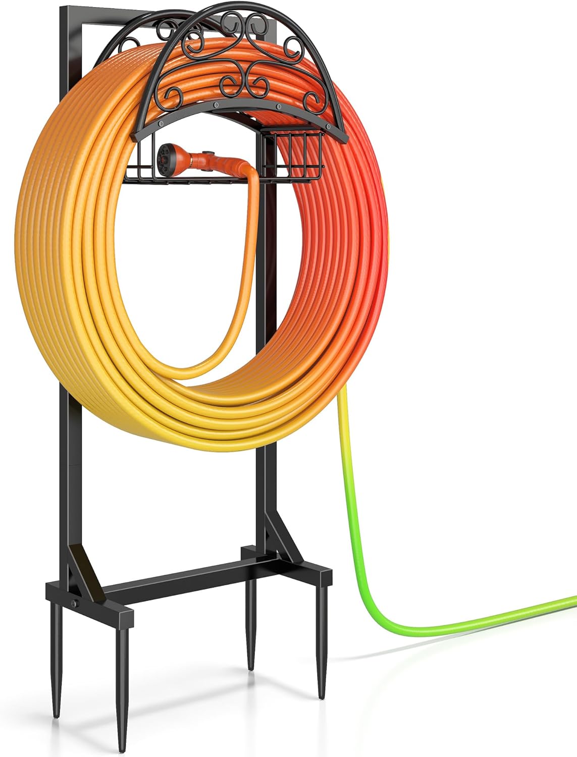Garden Hose Holder – Freestanding Water Hose Holder with Storage Basket, Sturdy Metal Hose Stand and Hanger, Heavy-Duty Garden Hoses Storage Rack for Outside, Supports 151FT