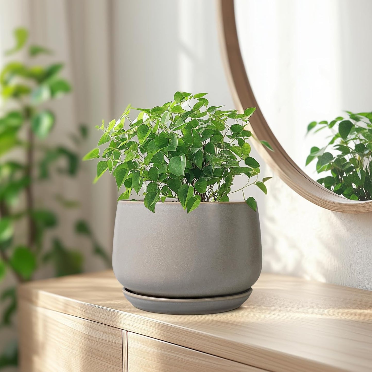 G EPGardening Ceramic Pots for Plants 7 Inch - Large Ceramic Planters for Indoor Plants Outdoor Modern Flower Pot with Drainage Holes and Saucer for Office Garden Patio Grey