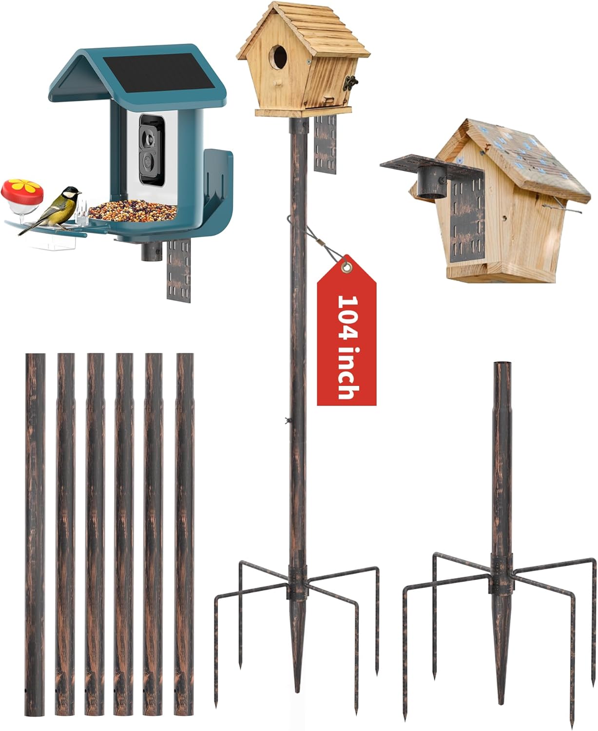 Bird Feeder Pole Stand – 104 Inch Height Feeding Station with 1-Inch Dia Heavy Duty for Hanging Feeders, Bird House Pole Mount Kit for Outdoor, Slip-Fit Connection，Copper Brushed