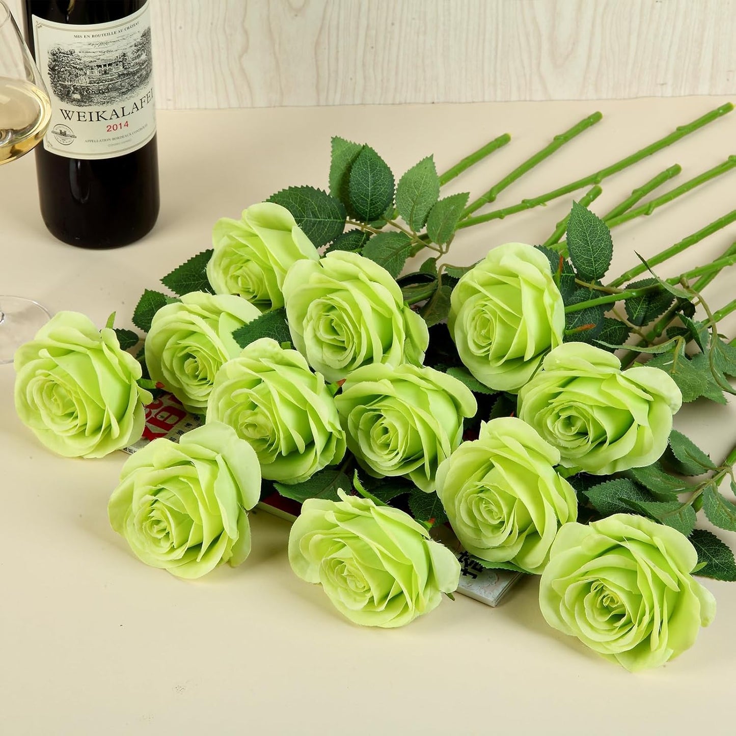 12pcs Roses Artificial Flowers Fake Roses Green Silk Roses White Silk Flowers Rose with Long Stems for Wedding Home Party Centerpieces Decorations