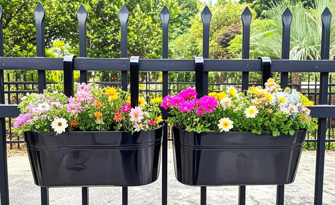 Hanging Planters for Outdoor Plants, 17" Railing Planter Pots, Metal Fence Flower Pot for Porch Balcony with Detachable Hookt (Black, Pack of 8)