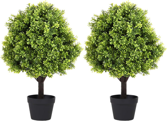 27“ Realistic Artificial Boxwood Topiary Trees Set of 2, Faux Boxwood Plants Outdoor UV-Resistant, No Maintenance Curb Appeal Fake Evergreen Bushes & Shrubs for Front Porch Outside Planter Decor
