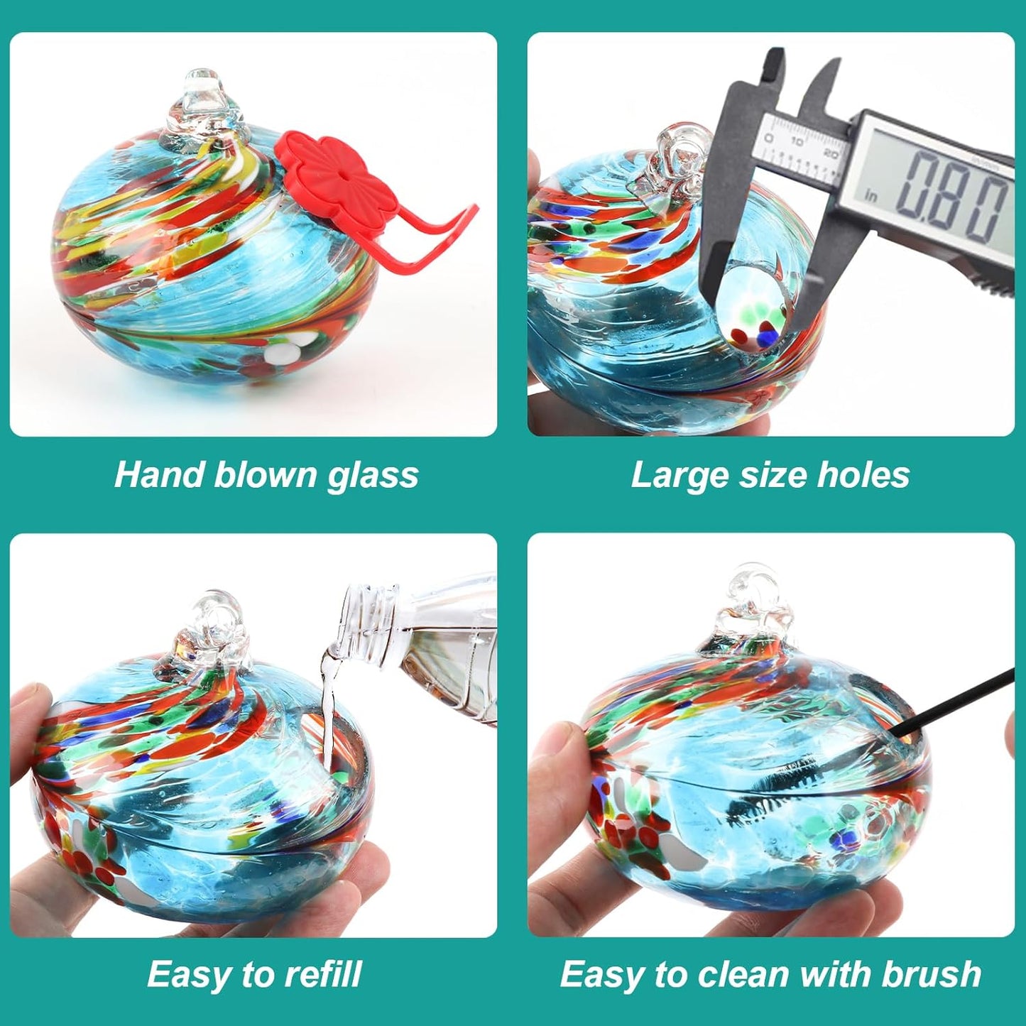 6 Pcs Heart-Shaped Hummingbird Feeder for Outdoors Hanging, Flexible Stackable Hand Blown Glass Humming Bird Feeders with 6 Adjustable Perch for Garden Tree Yard Patio Outdoors (Heart Shaped, Blue)