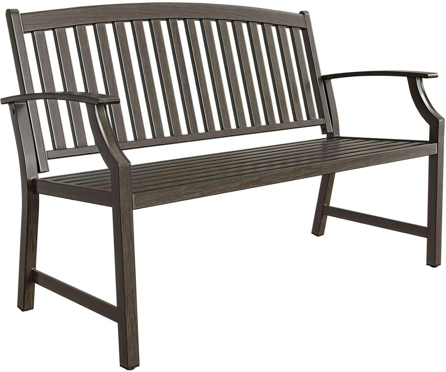 Grand patio 52" Farmhouse Outdoor Bench, Garden Benches with Rust Free Metal Powder Coated Frame and Aluminum Backrest, Faux Wood Grain Finish Frame Patio Bench for Front Porch, Northwoods Brown