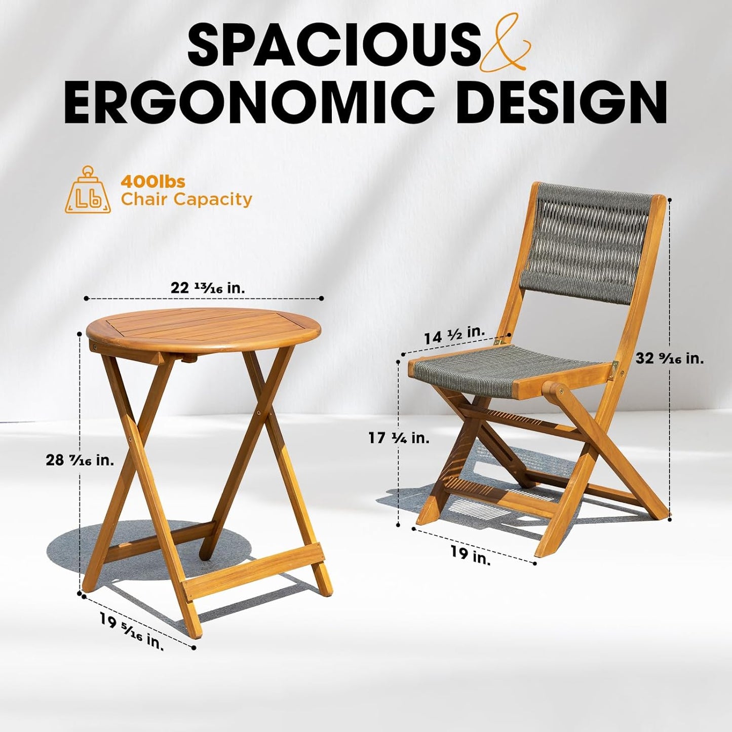 IDZO Wood Rope Design Heavy Duty 400lbs Capacity Patio Bistro Set 3 Piece Outdoor, Grey