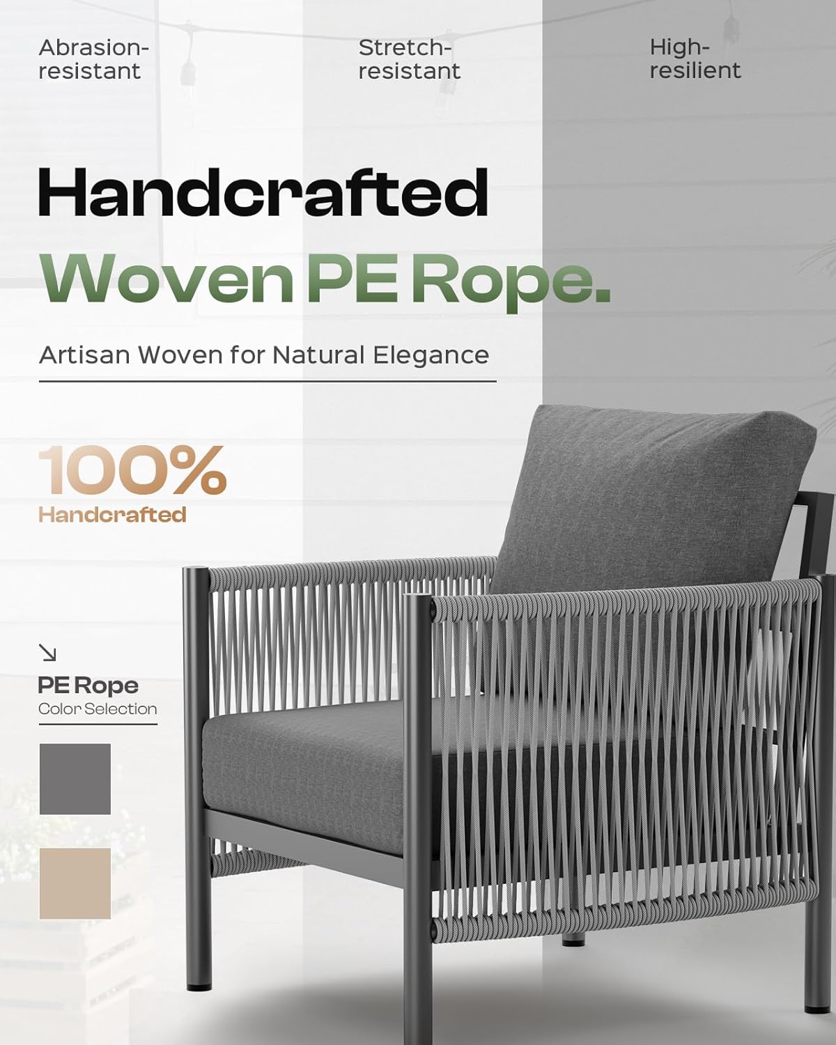 Aluminum Outdoor Patio Furniture Set, HDPE Rope 4 Piece Modern Sectional Conversation Sets with Dual-Layer Coffee Table, All Weather Patio Couch Sofa with Thick Cushions, Gray Frame, Charcoal