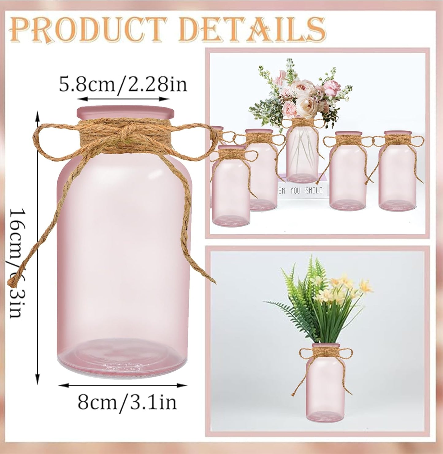 Vintage Glass Flower Vase，6 Pack Pink Farmhouse Glass Centerpiece Vases Mason Jars for Weddings, Parties & Home Decor Bulk (6, Pink)