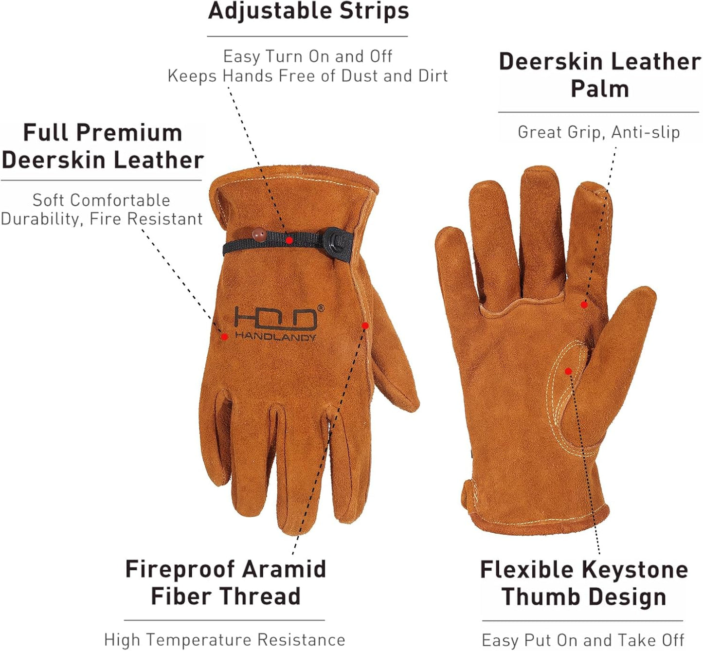 HLDD HANDLANDY Leather Work Gloves for Men & Women, Adjustable Wrist Cowhide Gardening Glove with Reinforced Palm for Driver