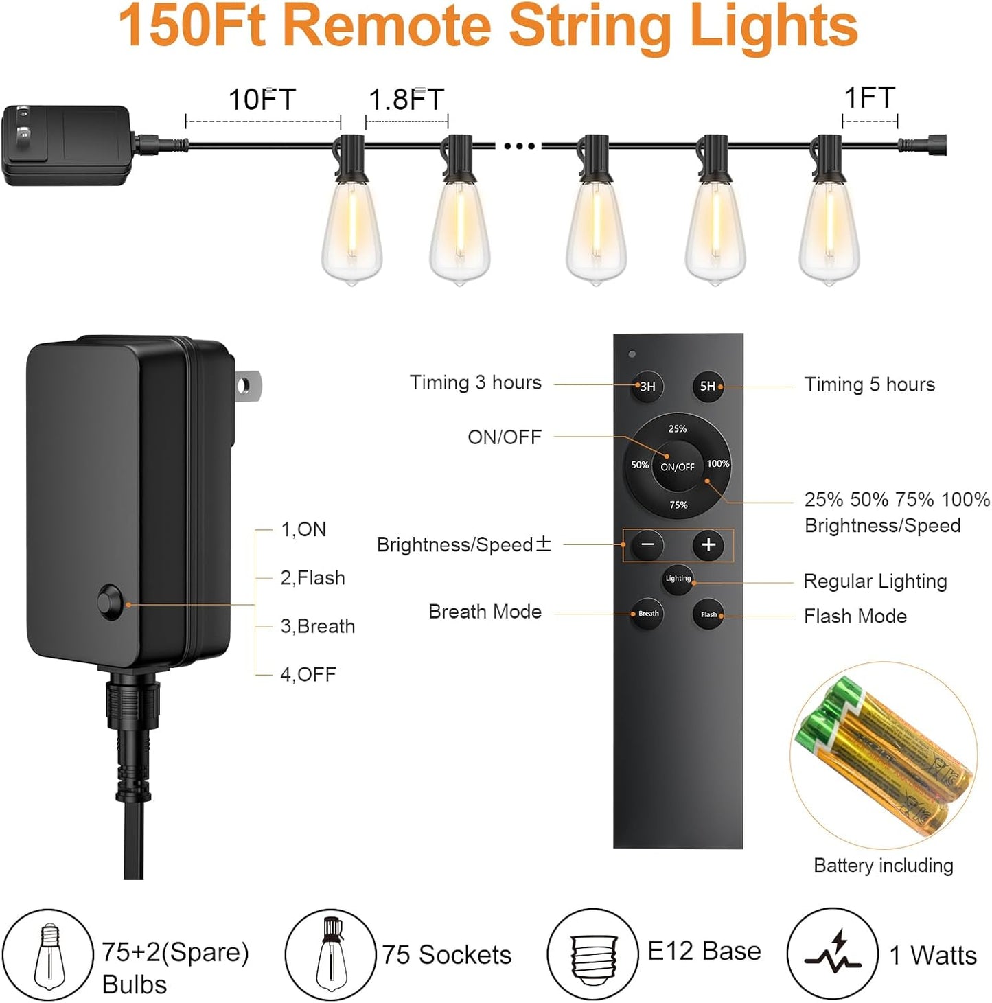 150FT Outdoor String Lights with Remote, Garden Patio Decor with 2500K Warm White, 75+3 LED Edison Bulbs, Support Timer Dimmable Waterproof Shatterproof for Yard Outside Porch Deck Backyard