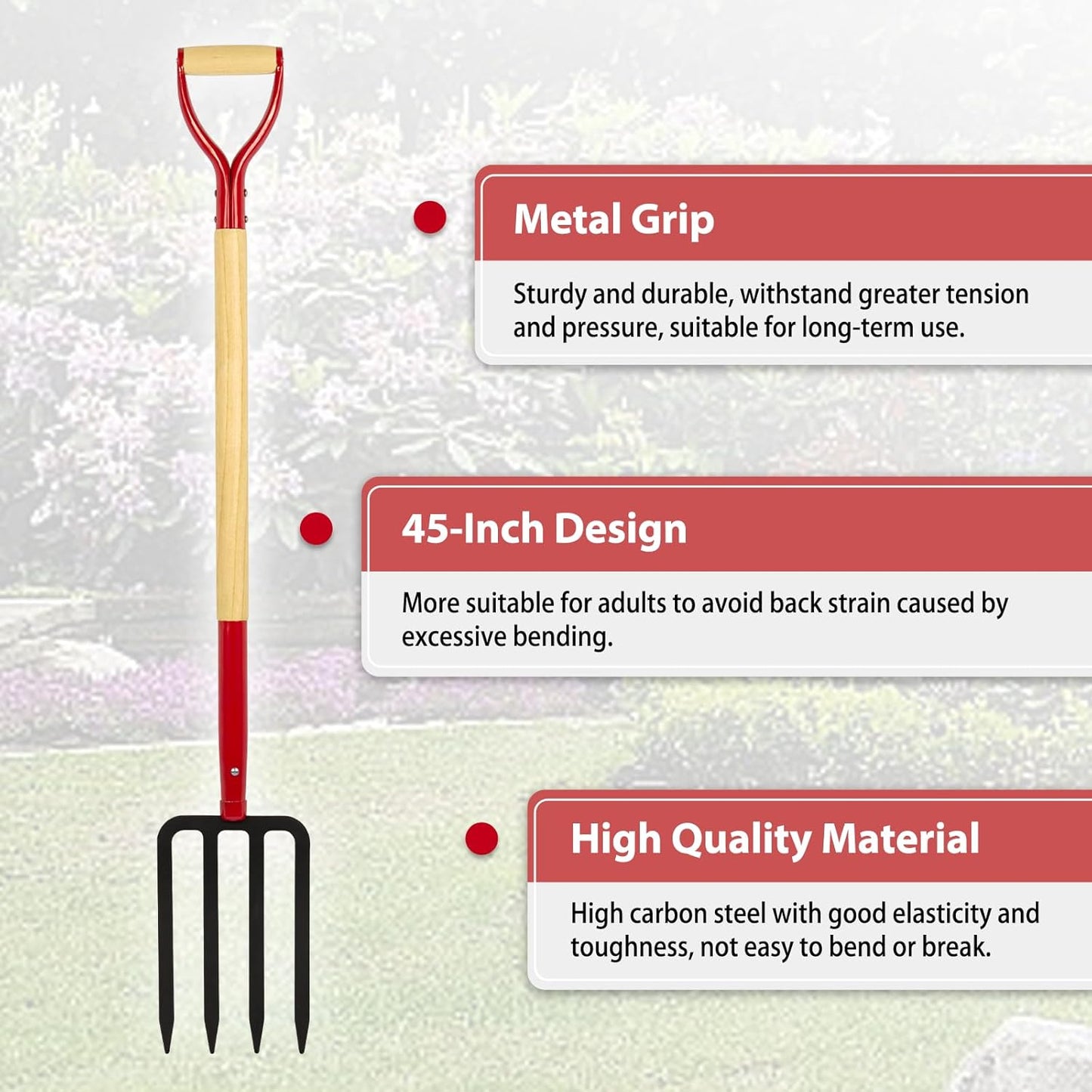 Heavy Duty Garden Fork for Digging, 4 Tines Pitch Fork for Gardening Compost, Garden Pitch Fork with Wooden Handle, 45 Inches