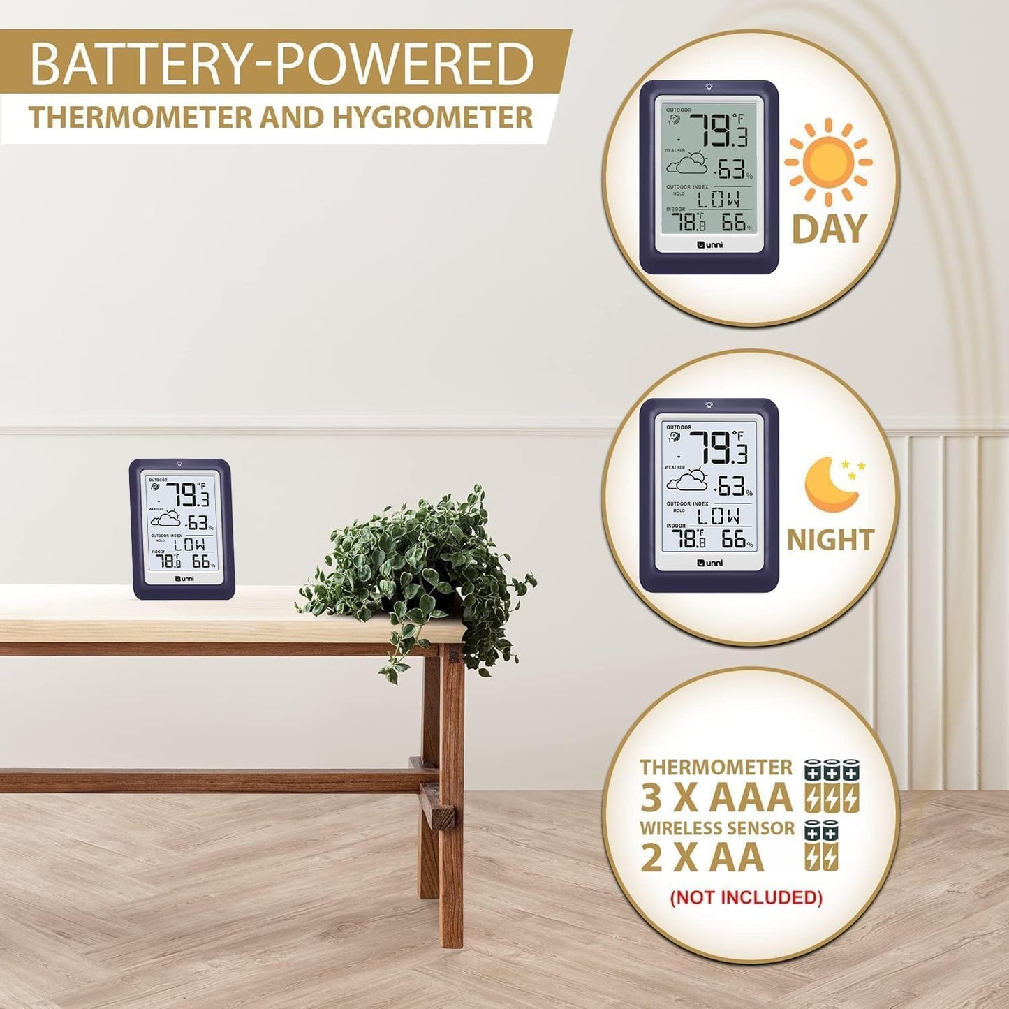 Indoor Outdoor Thermometer Wireless Weather Station, Temperature Humidity Monitor Battery Powered Inside Outside Thermometers with 330ft Range Remote Sensor and Backlight Display (Purple)