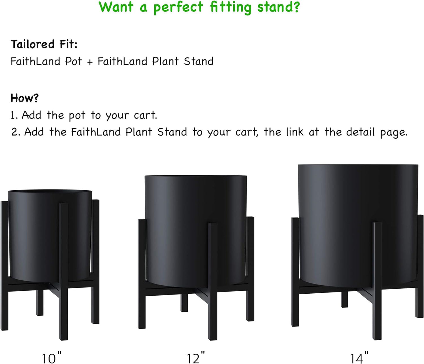 FaithLand Plant Pot 10 inch - Perfectly Fits Mid-Century Modern Plant Stand - Drainage Plug and Drainage Mesh Screen - Matte Black Planter