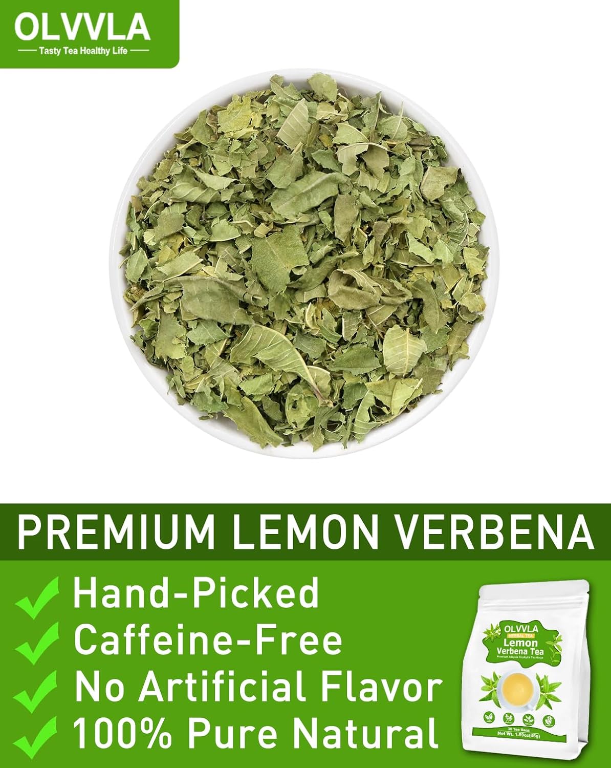 Olvvla - Premium Lemon Verbena Tea Bags - 1.5g X 30 Count - Pure Natural Cedron Herb - Caffeine-free - Non-GMO - Lemon Tea - Verbena Tea - Support Digestion & Promote Relaxation
