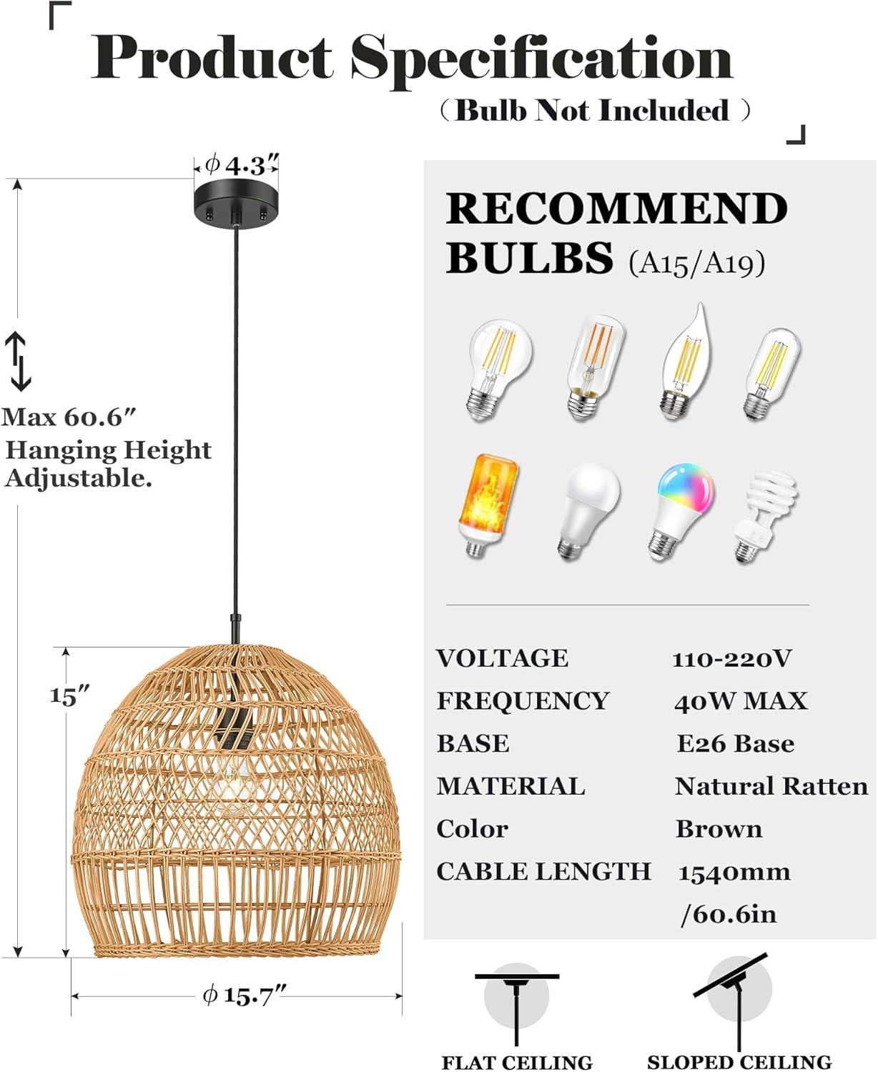ELYONA 16” Large Boho Rattan Chandelier, Modern Rustic Wicker Pendant Light Fixtures, Basket Hand Woven Hanging Lamp for Coastal Kitchen Island Dining Room Living Room Bedroom Foyer (40cm*40cm)