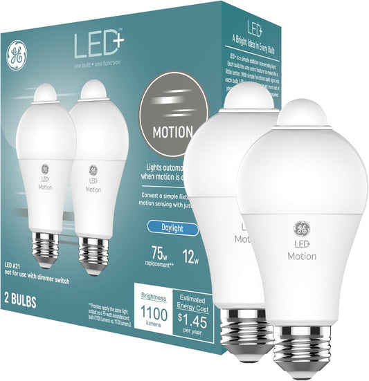GE LED+ Motion Sensor LED Light Bulbs, 12W, Outdoor Security Lights, Daylight, A21 (2 Pack)