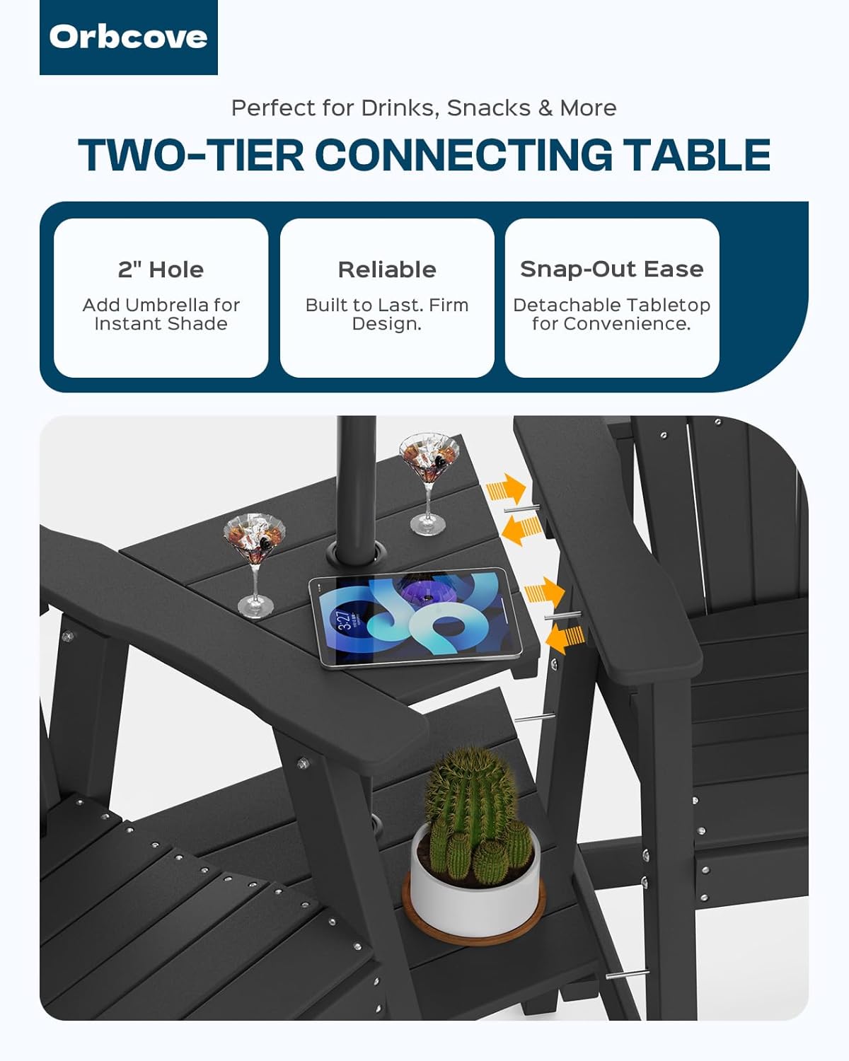 Tall Adirondack Chairs Set of 2 with Double Layer Connecting Table, HDPE Bar Height Outdoor Table and Chairs with Umbrella Hole, All Weather Outdoor Bar Stools for Patio, Deck,Backyard(Black)