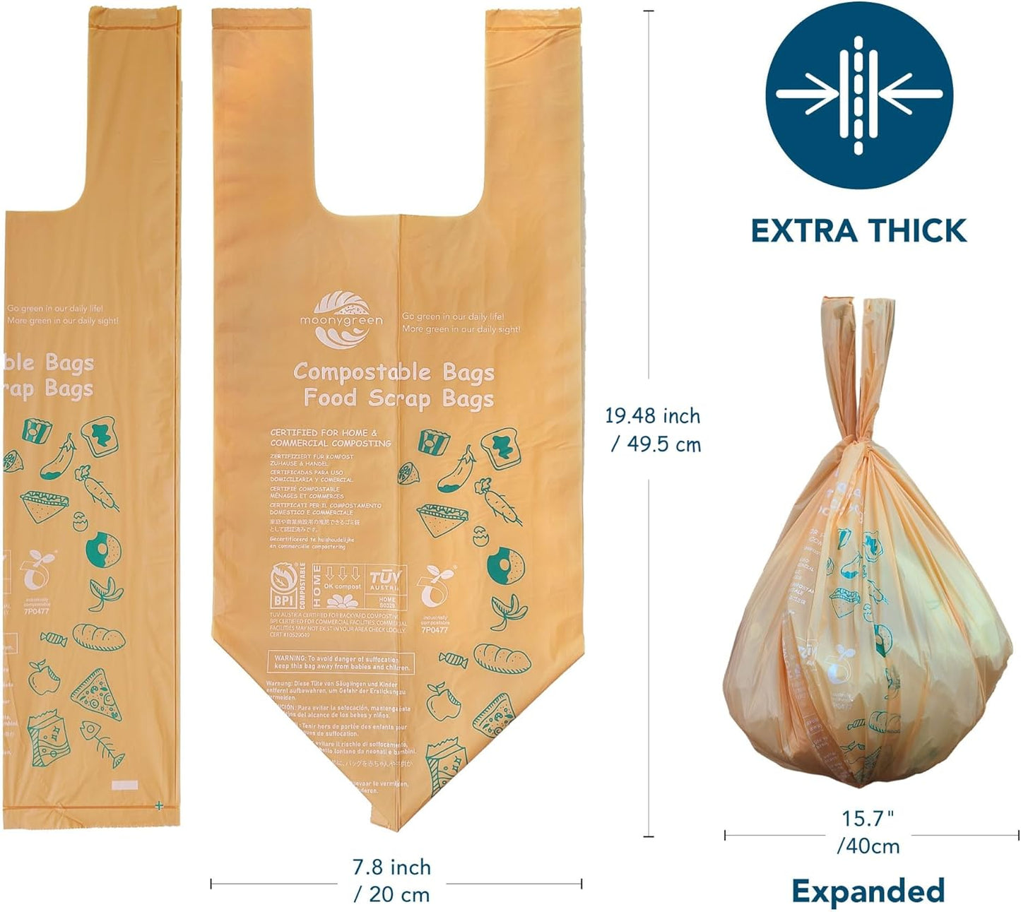 1.6 Gallon Compostable Handle Tie Garbage Bags, Small Trash Bags for Countertop Bin, Extra Thick 0.78 Mils, Certified US BPI ASTM D6400, 6 Liter, 50 Count