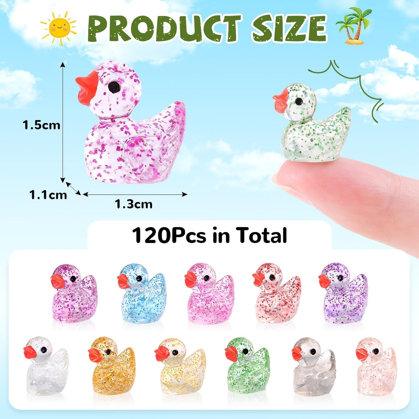 120PCS Mini Resin Animals Cute Colorful Glitter Tiny Ducks, Miniature Figures to Hide, Little Animal Toys Accessories Bulk for Topper Garden Dollhouse Landscape Aquarium Ornaments DIY Crafts & Decor