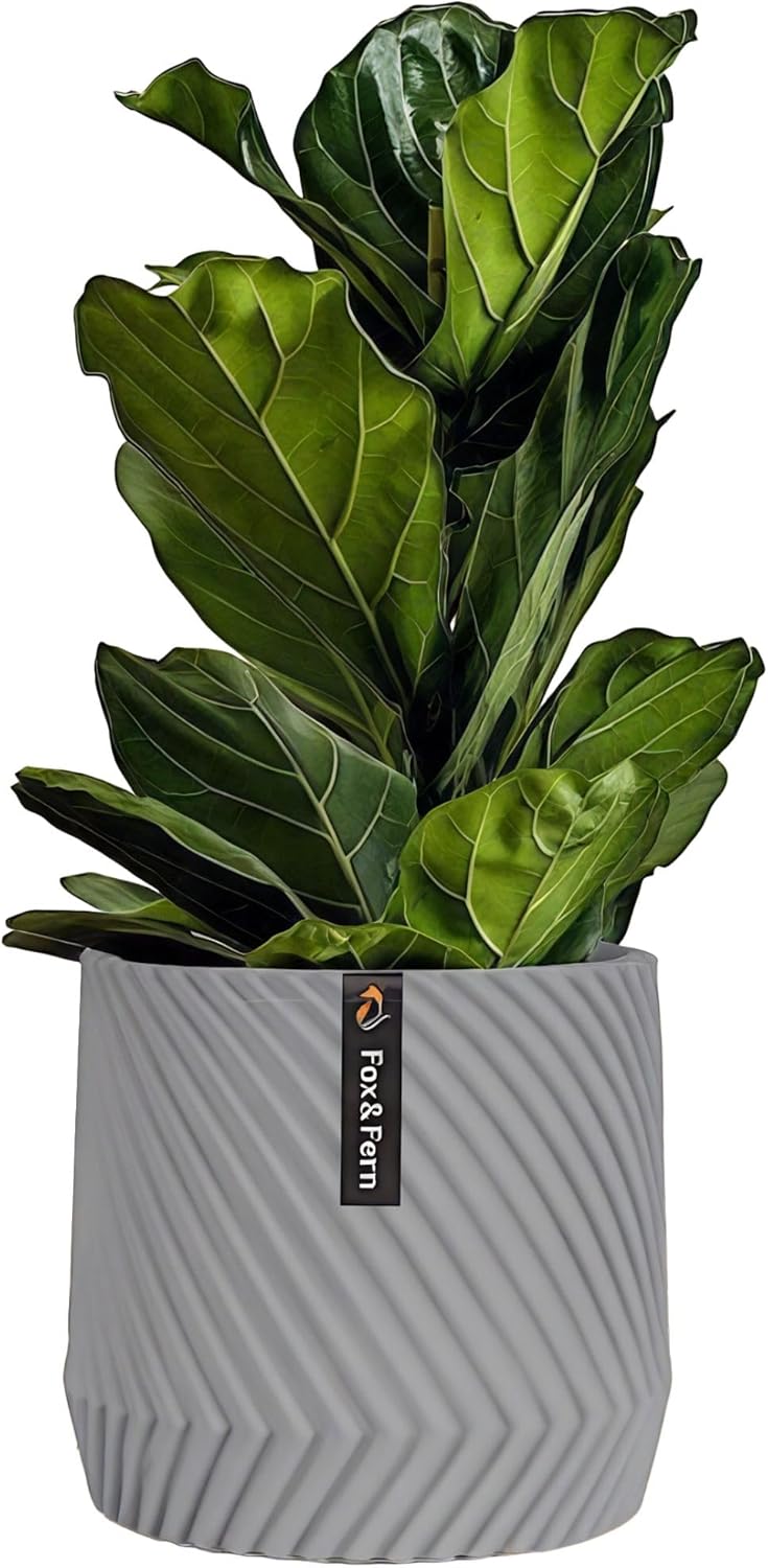 Fox & Fern Large 12 Inch Planter — Premium Polystone Gray Plant Pot with 3D Texture and Drainage Plug; 12 Inch Pots for Plants Indoor; Large Planter for Indoor & Outdoor Plants