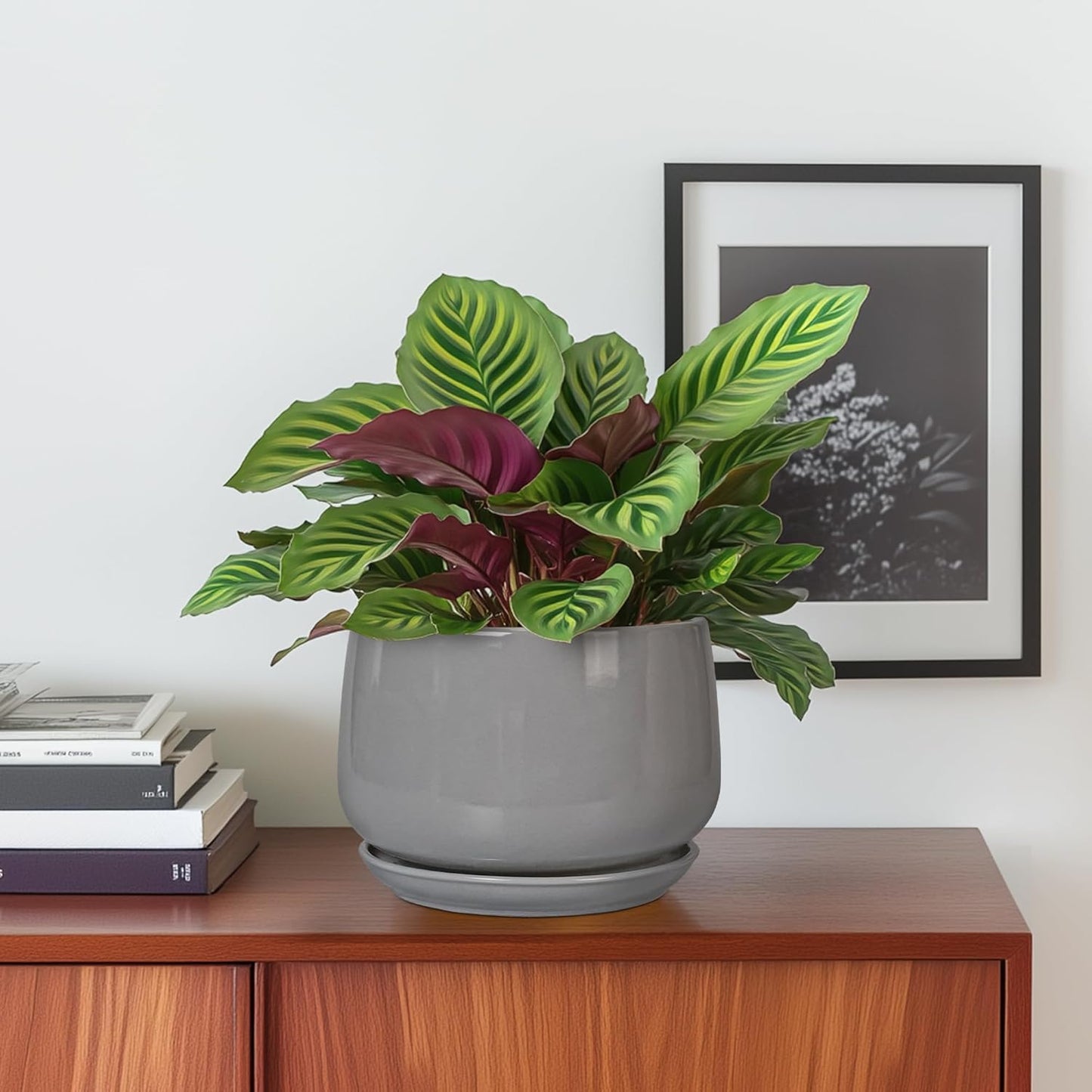 G EPGardening Ceramic Pot for Plants - Modern 6 Inch Round Planter Indoor with Drainage and Tray for Indoor Outdoor Flower, Patio Decor, Teacher Gifts, Grey