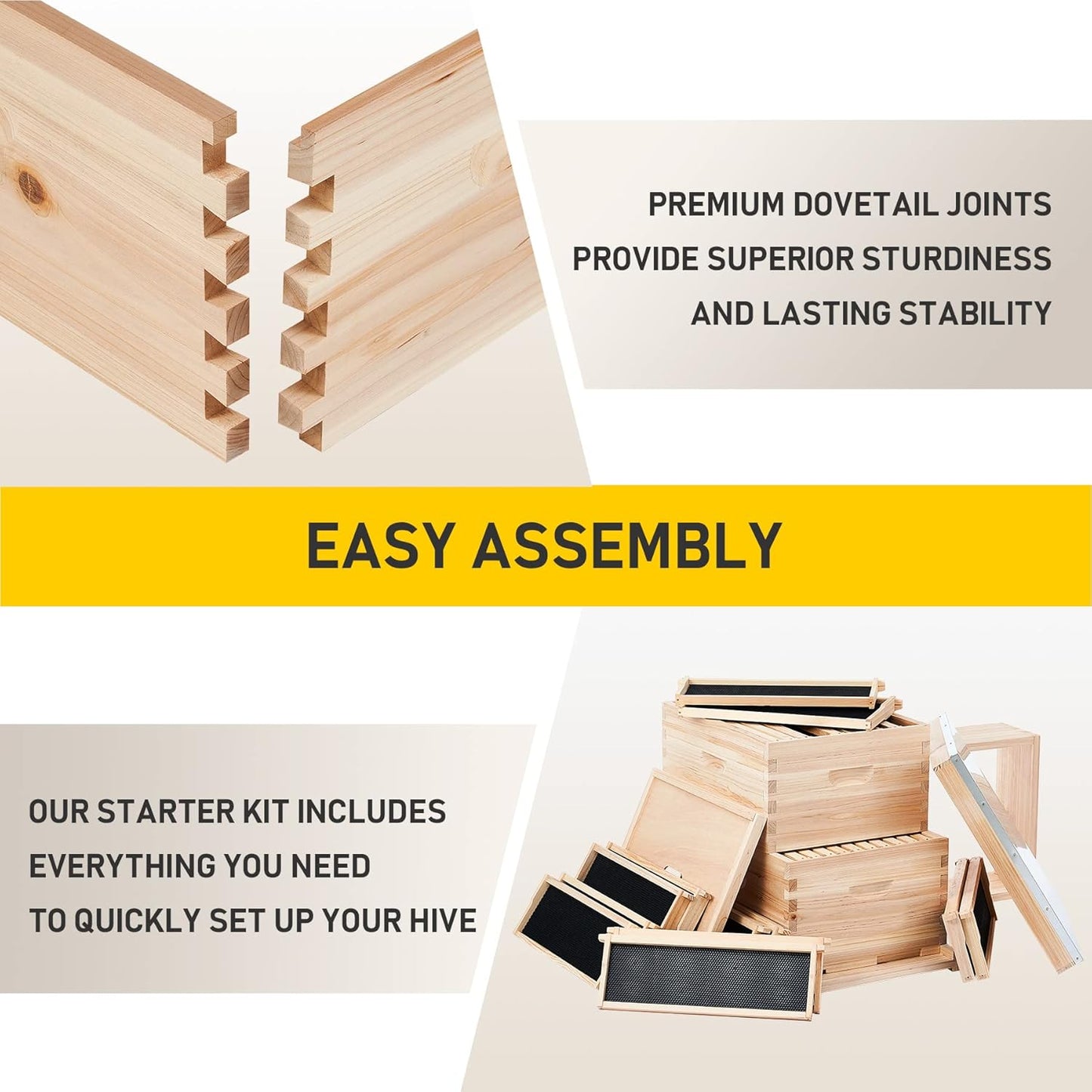 CREWORKS Bee Hive Boxes Starter Kit, 3 Layer Bee House Langstroth Beehive for Bees Keeping, Beekeeping Supplies with Plastic Queen Excluder and Nails (10 Medium and 20 Deep Frames)