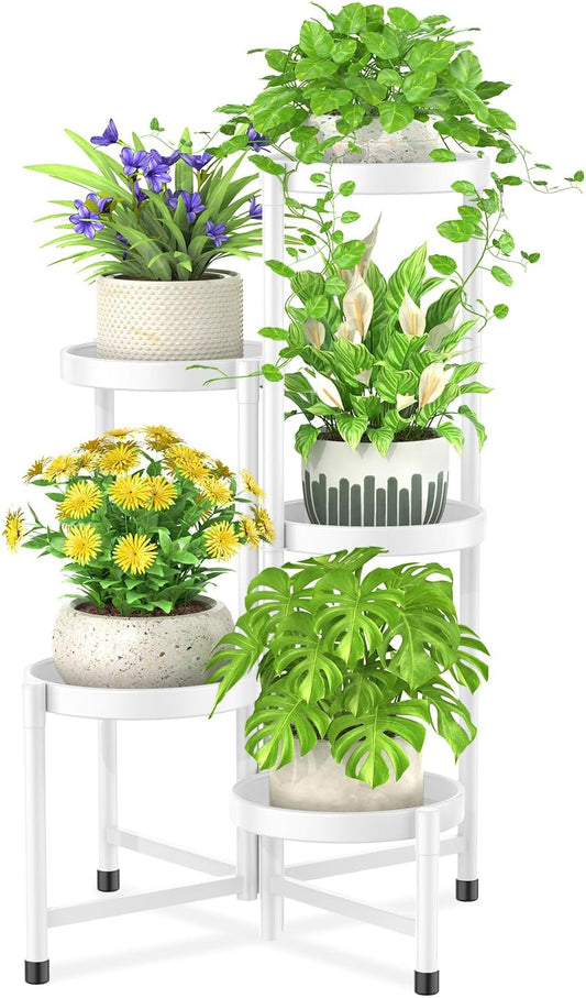 iDavosic.ly Plant Stand Indoor Outdoor, 5 Tier Corner Metal Flower Display Holder Shelf, Folding Tall Orchid Rack for Patio Balcony Porch Garden Living Room House, White
