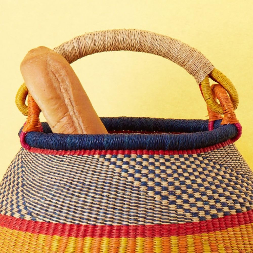 Home & Kitchen Decor, Wicker Basket, Picnic Basket, Living Room Basket, Organizing, Harvesting, Foraging, Fruit Storage, Hand Woven, Pot Shape, 16" Wide, Boho - Red Blue