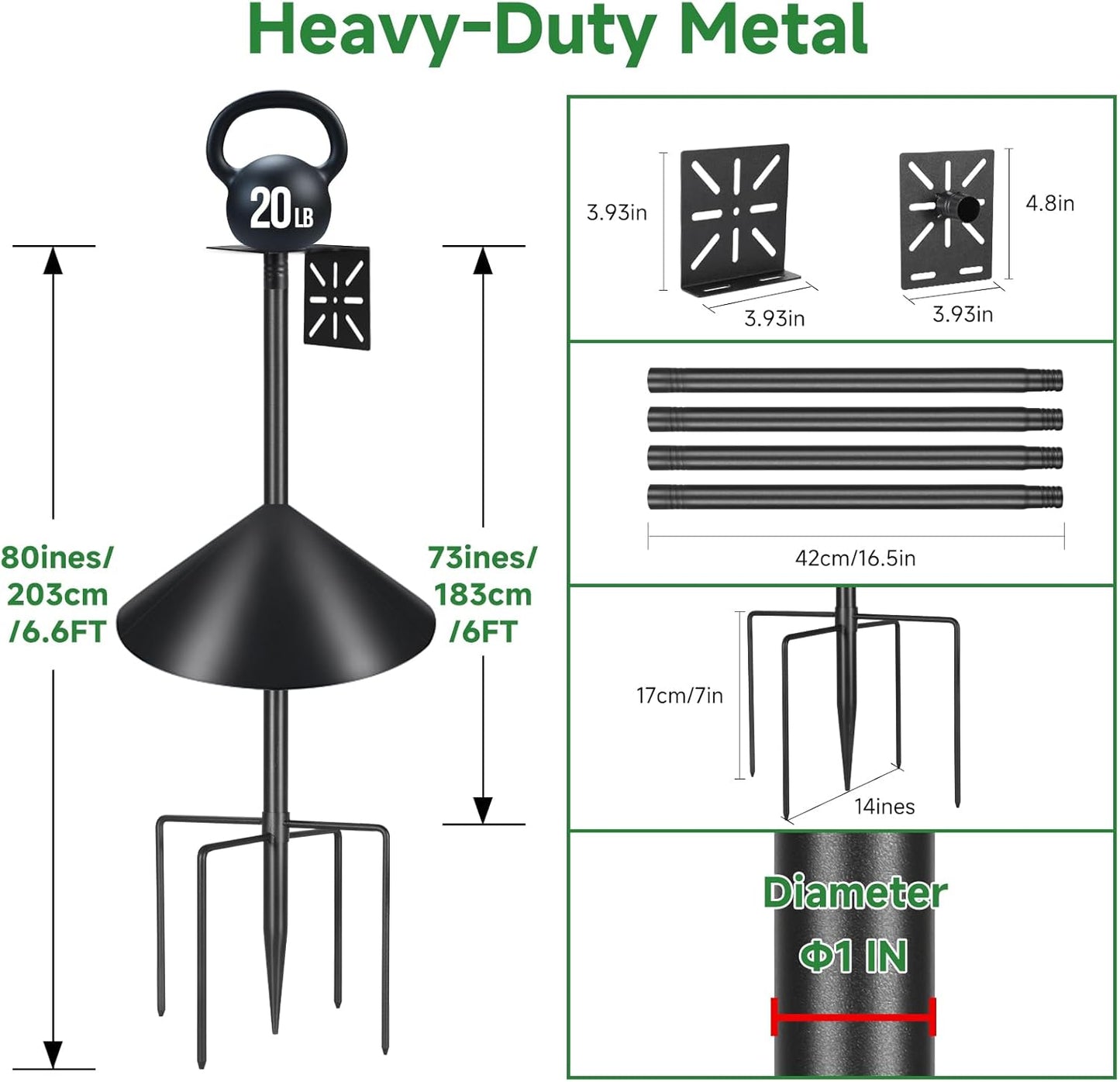 Smart Bird Feeder Pole with Squirrel Baffle & Bath-Heavy Duty Adjustable 3-6.6ft Universal Stand Mount for Backyard&Outdoor Bird Houses/Cameras (80'Pole-Baffle)