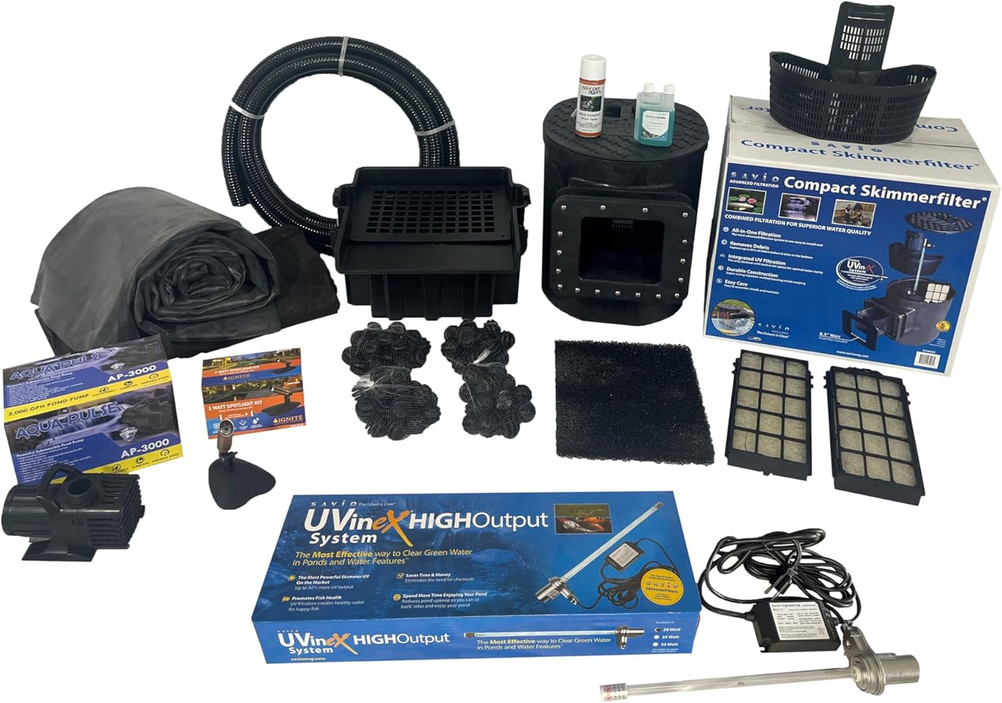 HALF OFF PONDS Savio Select 3,000 GPH Submersible Pump Pond Kit with 10' x 15' EPDM Rubber Pond Liner, UV Clarifier for Water Garden & Koi Pond