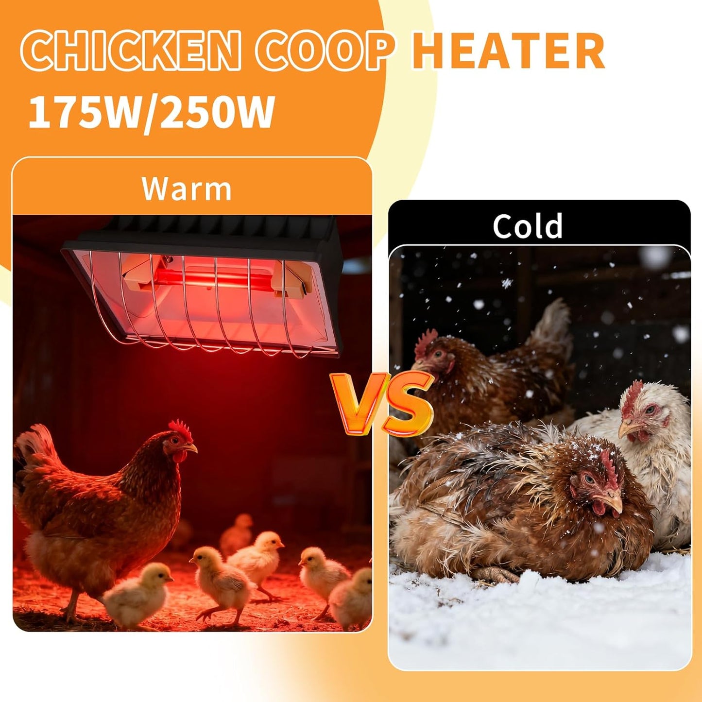 Chicken Coop Heating Lamp, 250W Brooder Heater with Guard,Waterproof Ceramic Joint Heat Lamp Bulb,Adjustable Temperature(175W/250W) and Height,Suitable for Poultry, Livestock & Small Pets
