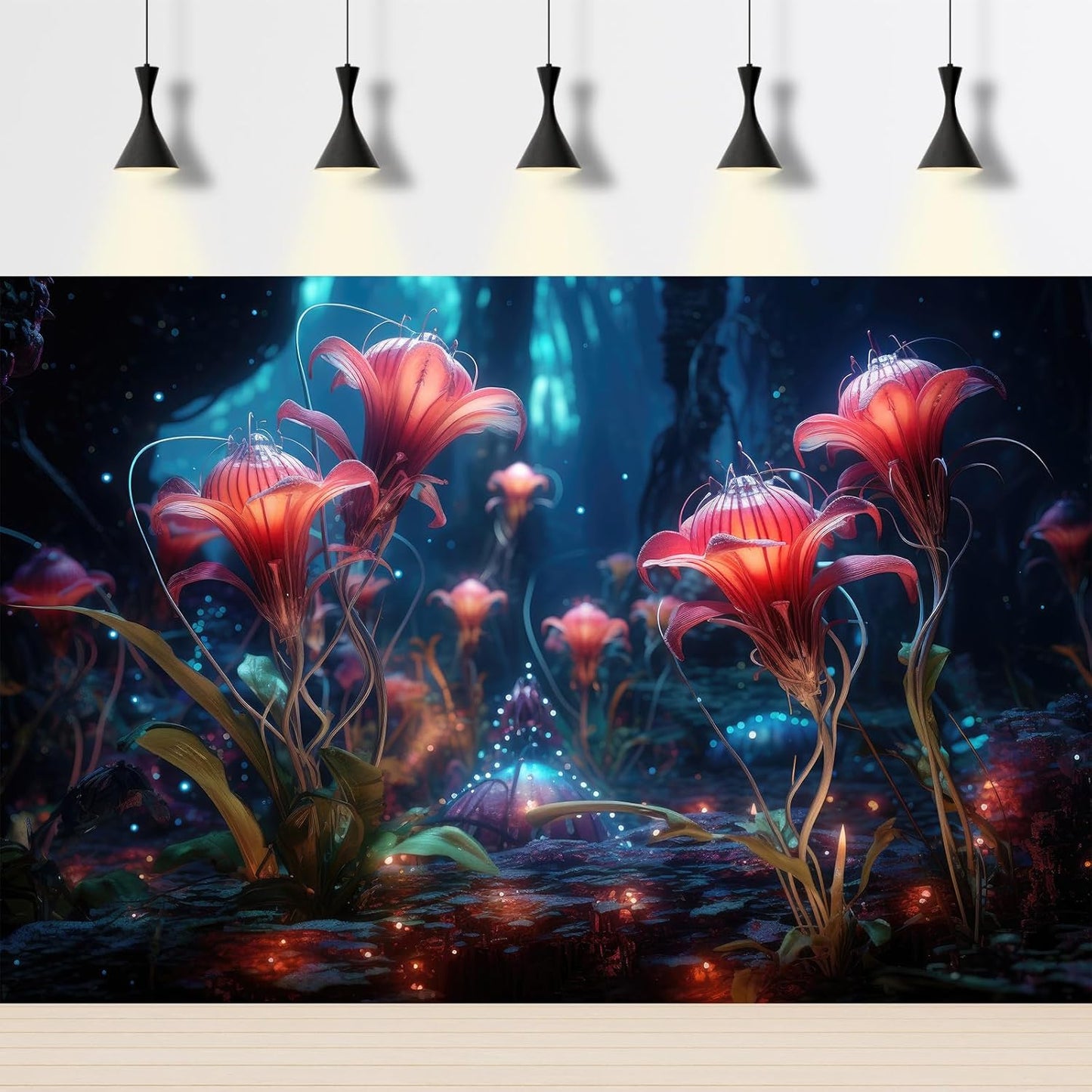 Aquarium Background Beautiful Red Translucent Flowers Terrarium Background Abstract Fantasy Plants Underwater World Tank Poster Glowing Flowers Foggy Forest Fish Tank Background Decors Vinyl 36x24in