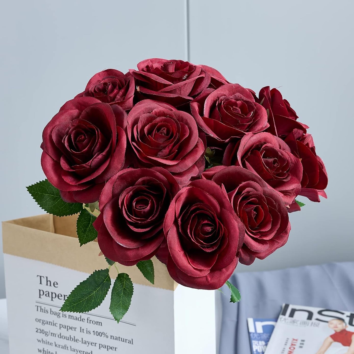 12pcs Roses Artificial Flowers Fake Roses Burgundy Silk Roses Wine Red Silk Flowers Rose with Long Stems for Wedding Home Party Centerpieces Decorations