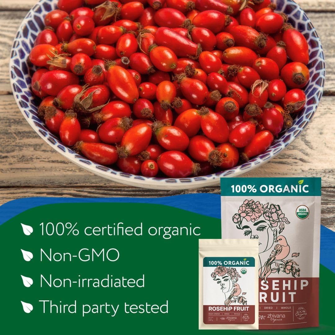 Rosehip Tea Organic (8oz.) – Dried Rose Hip Fruit Whole – Source of Vitamin C from Food