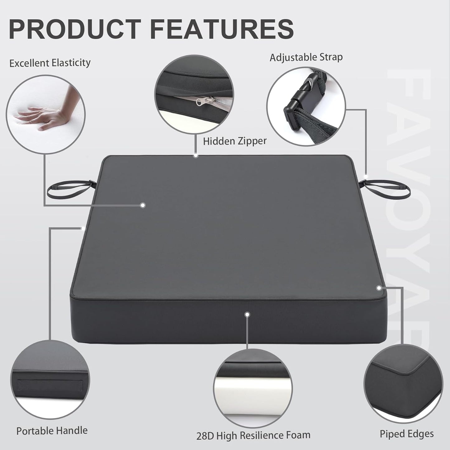 Favoyard Patio Chair Cushions 19 x 19 x 3 Inch Waterproof Outdoor Seat Cushions for Patio Furniture 3-Year Color Fastness Garden Sofa Couch Pads with Handle & Adjustable Straps Set of 2, Dark Grey