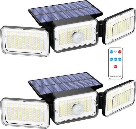 Solar Lights Outdoor Waterproof, Motion Sensor & Flood Outdoor Lights with Remote Control, 4 Adjustable Modes, 3000LM & 218 LED, High-Energy-Density Solar Panel-Monocrystalline Technology, 2 Pack