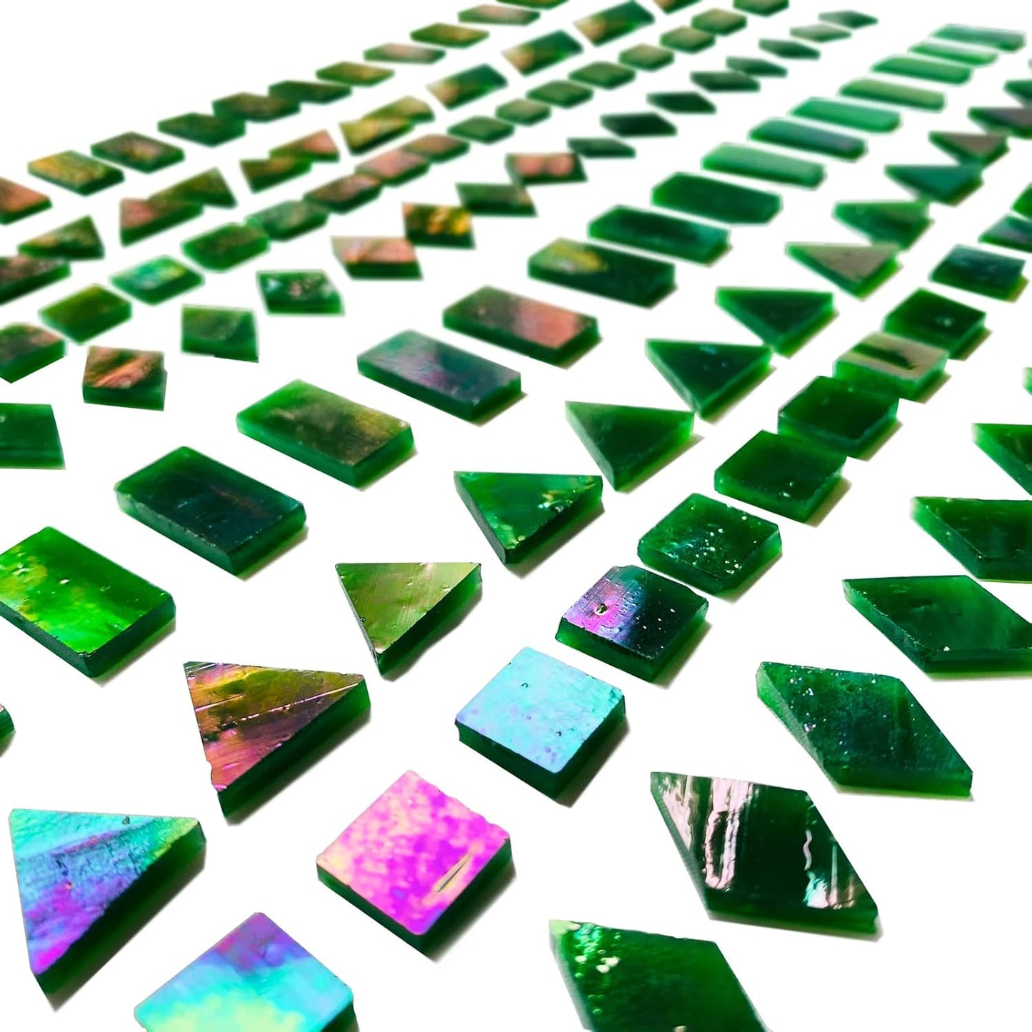 Iridescent Green Mosaic Tiles for Crafts, 280 Pieces Mixed 4 Shapes Stained Glass Sheets, Stained Glass Supplies for Mosaic Projects