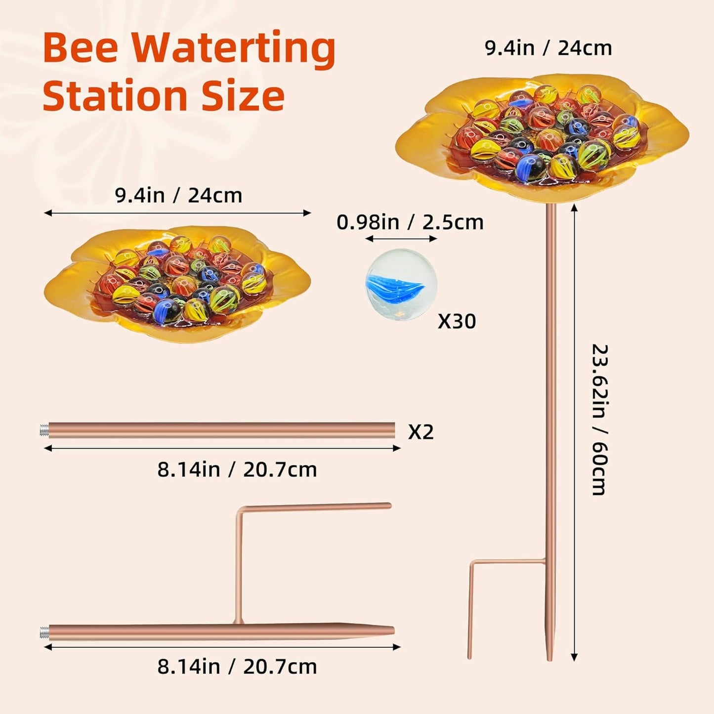 Bee Watering Station-Golden Butterfly Puddler Bee Bath & Feeder with Metal Stakes - 30 Glass Marbles, Vivid Flower Design, Garden Yard Decor (Golden-1PACK)