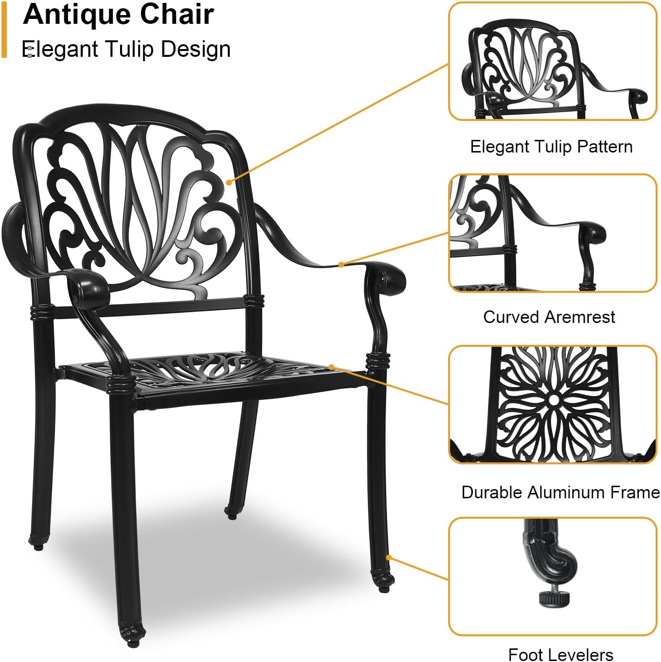 Cast Aluminum Dining Set 5 Piece Outdoor, Patio Conversation Furniture Set, Patio Table and Chairs Set of 4 for Garden Backyard, Black