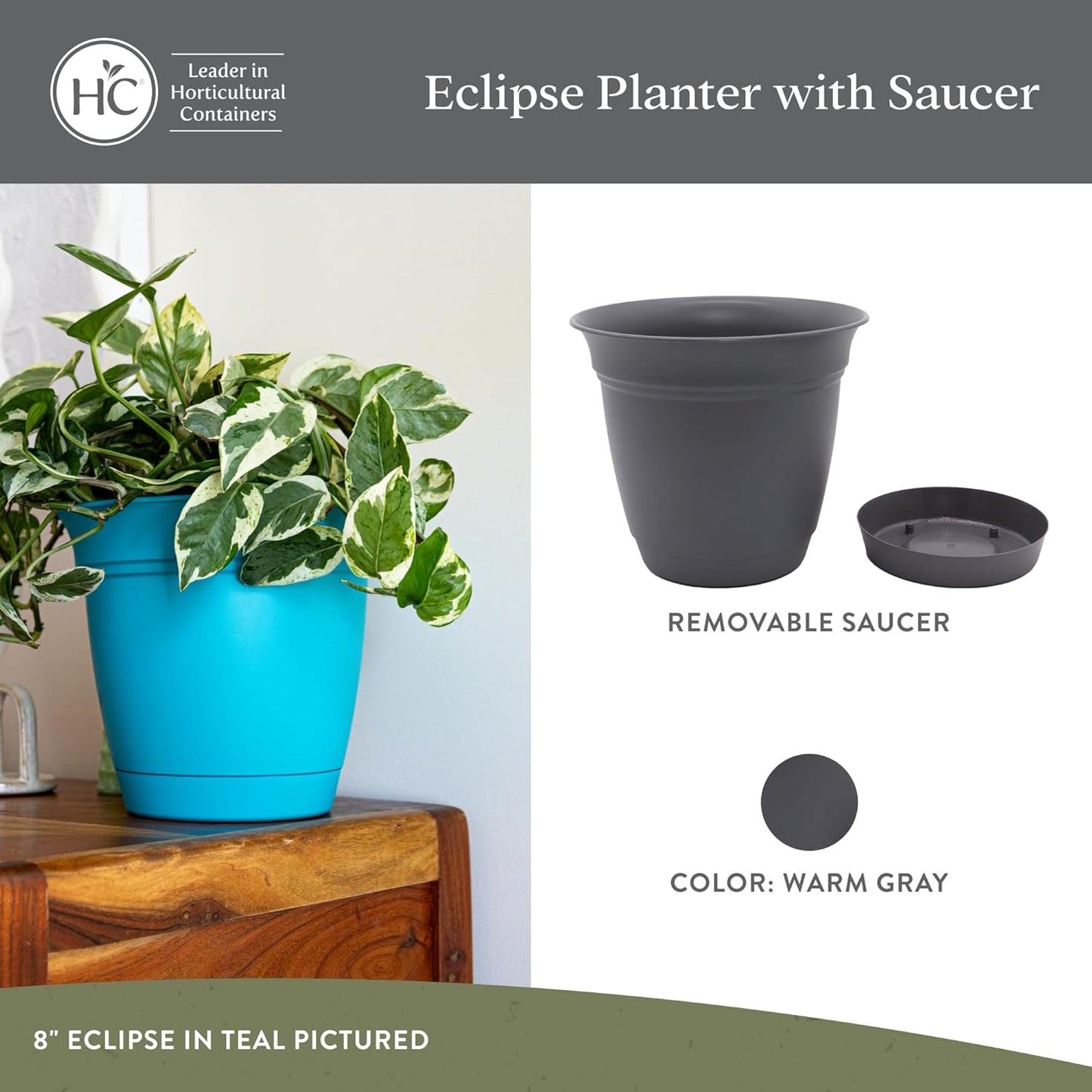 The HC Companies Eclipse Round Planter with Saucer - Outdoor & Indoor Plant Pot with Drainage Holes - Lightweight, UV-Resistant Plastic Pots for Plants, Flowers & Herbs (16" Warm Gray, Pack of 1)