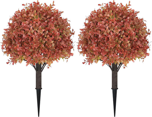24" Tall Artificial Boxwood Ball Fall Topiary Trees Set of 2, UV Resistant Large Faux Plants Outdoor, 2ft Fake Bushes and Shrubs Look Real with Stake for Front Porch Outside Planter Backyard Decor