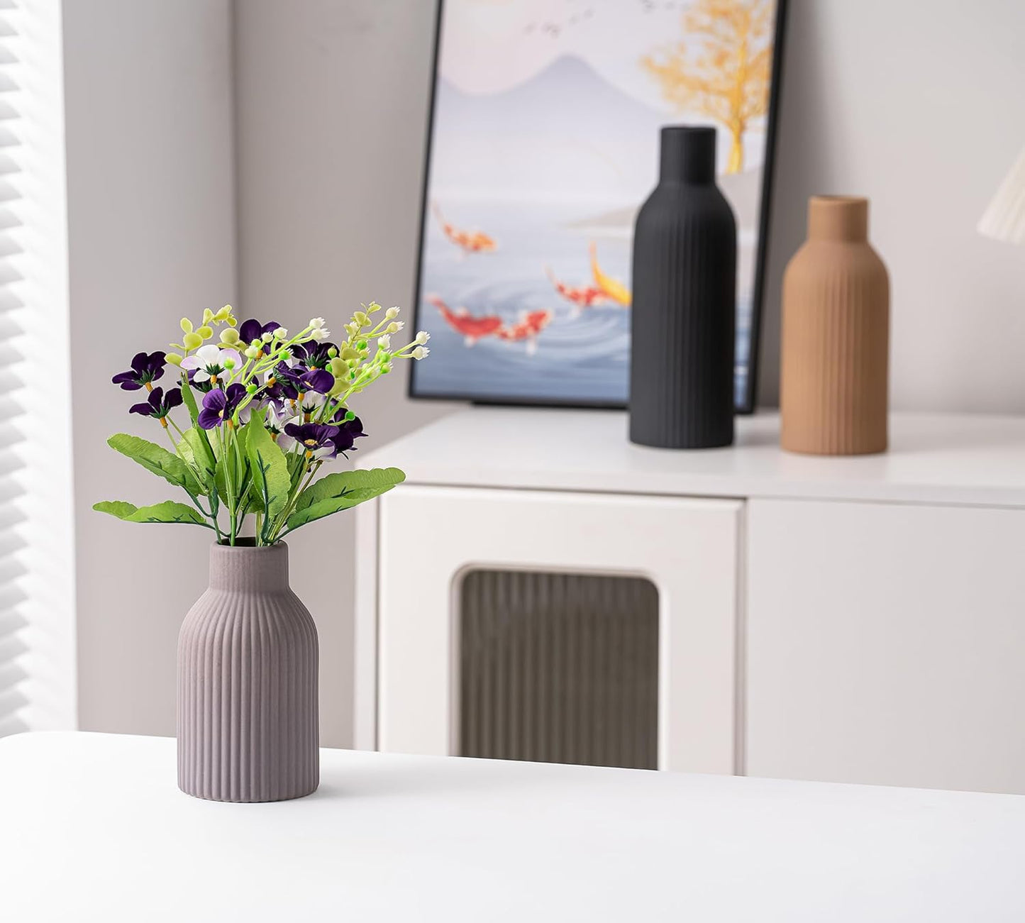 Ceramic Vase Set of 3, Flower Vases for Spring Room Decor, Kitchen Farmhouse, Modern Boho Style(Khaki/Black/Grey)