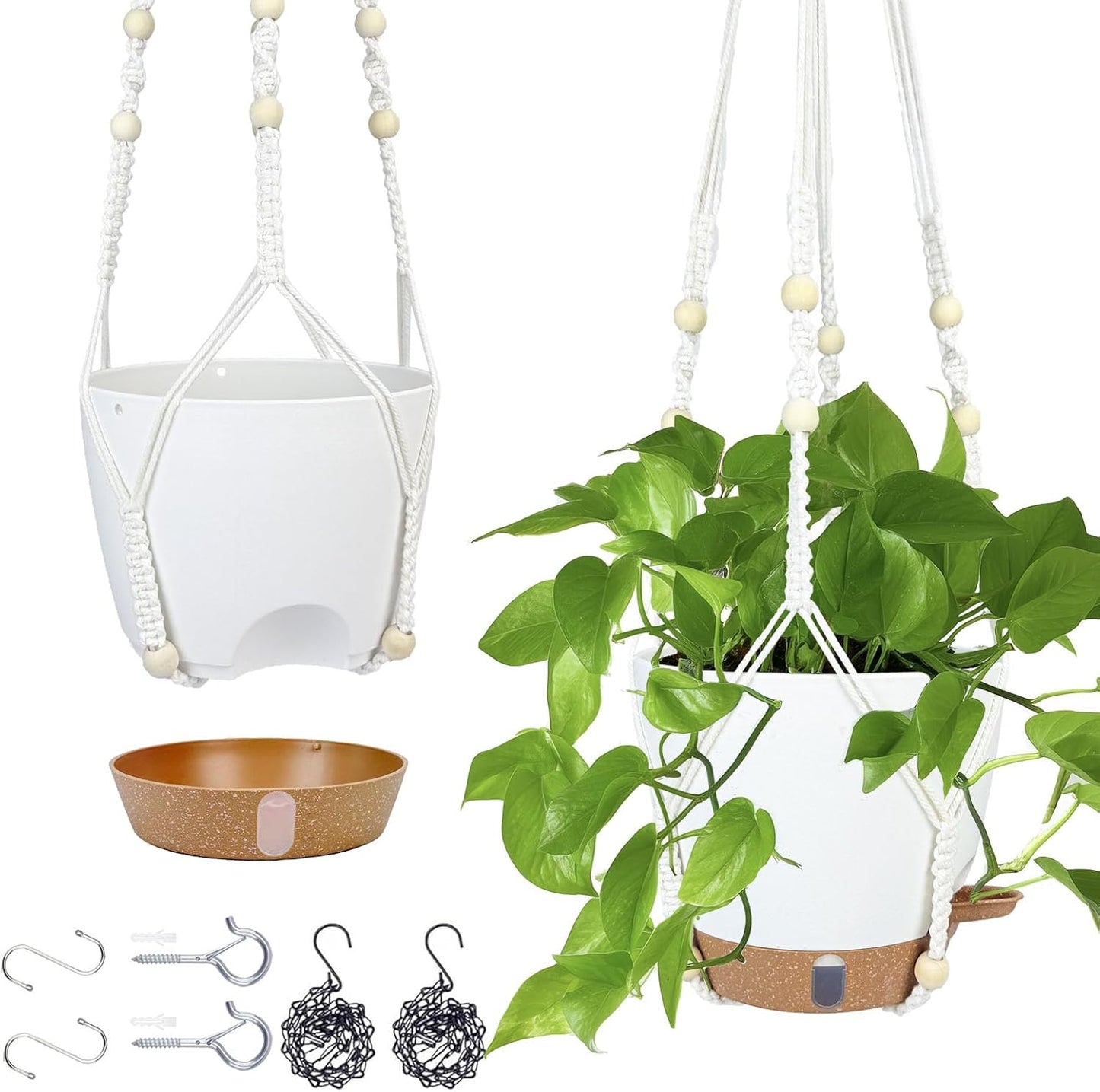 Hanging Planter for Indoor Plants 8 Inch, 2 Pack Hanging Baskets for Plants, Self Watering Hanging Flower Pots with Drainage Hole & 2 Kinds of Plant Hangers for Garden Home Decor (White, 8 inch)
