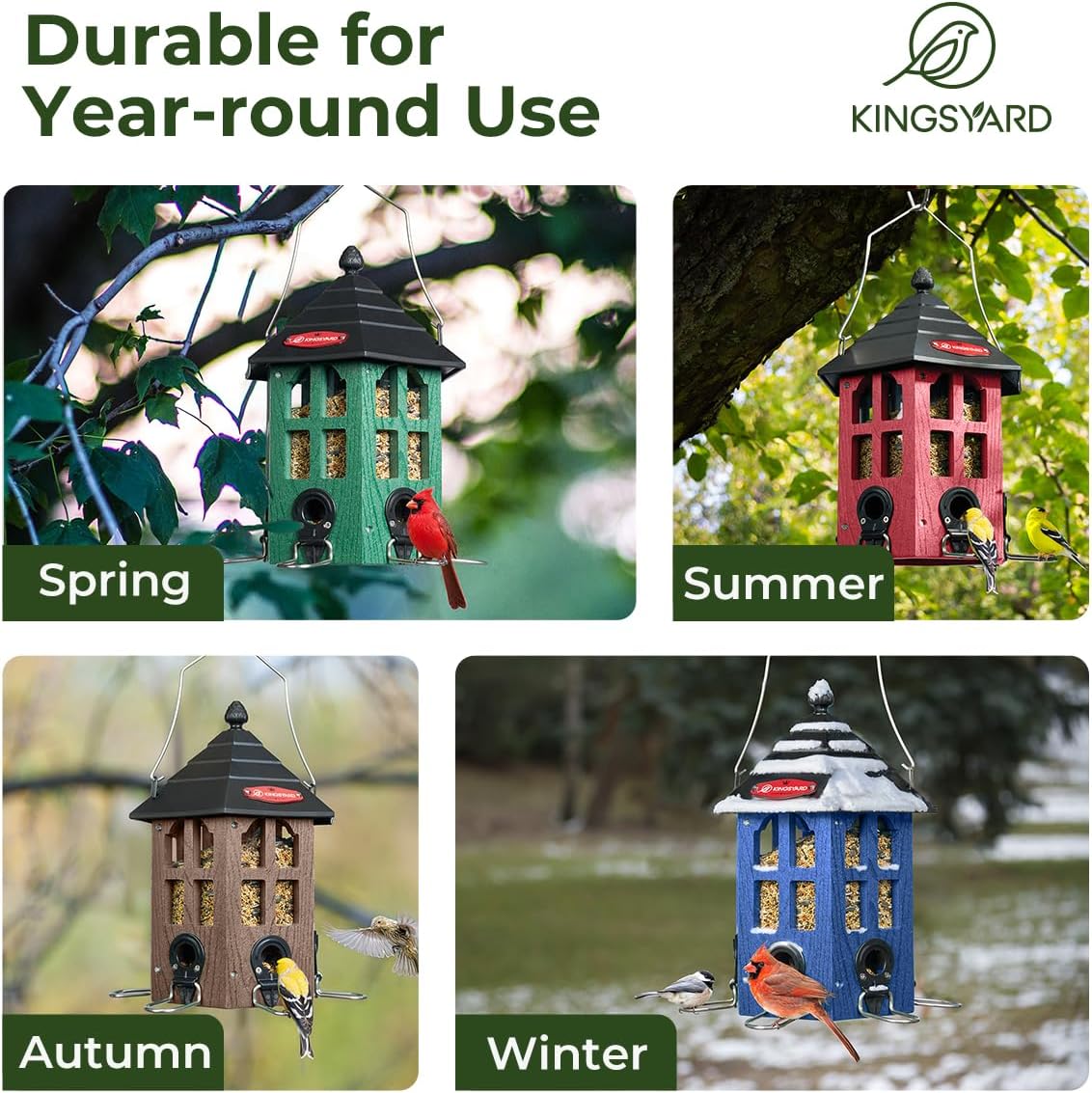 Kingsyard Wild Bird Feeder for Outdoor Hanging, Recycled Plastic Bird Feeders with 6 Ports & U-Shape Perch, Garden Yard Outside Decoration, 3.5 lbs Seed Capacity, Green